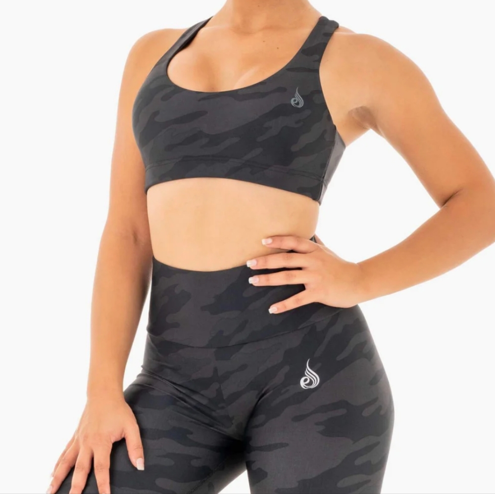 Ryderwear SET Camo Sports Bra L Biker Shorts M High Waist Scrunch Bum Black Gray